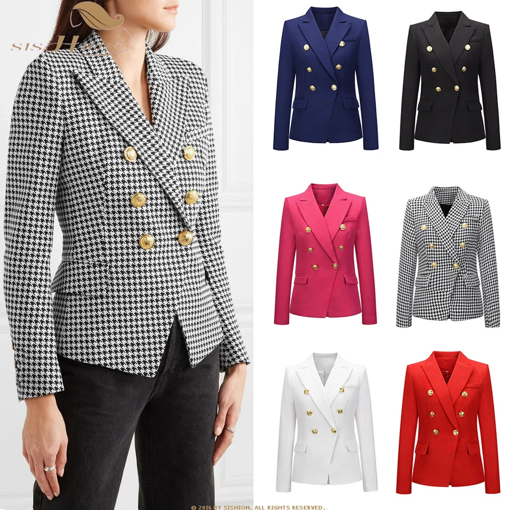 

High Quality 2023 New Designer Blazer Women's Double Breasted Pocket Lion Buttons Slim Plaid Blazer Jacket Ladies SR1160