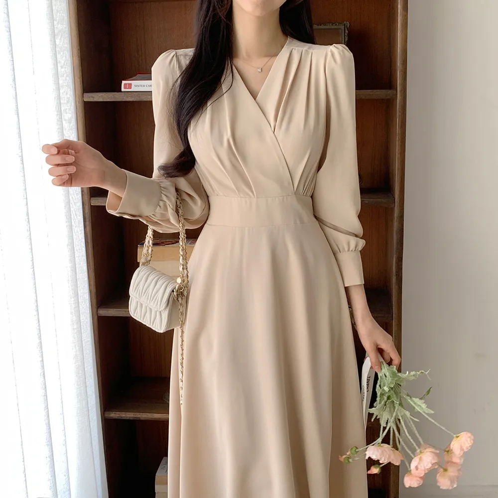 Korean Fashion Autumn Midi Dresses for Women Long Sleeves V-neck A-line Solid Casual Dress Office Lady Clothing New