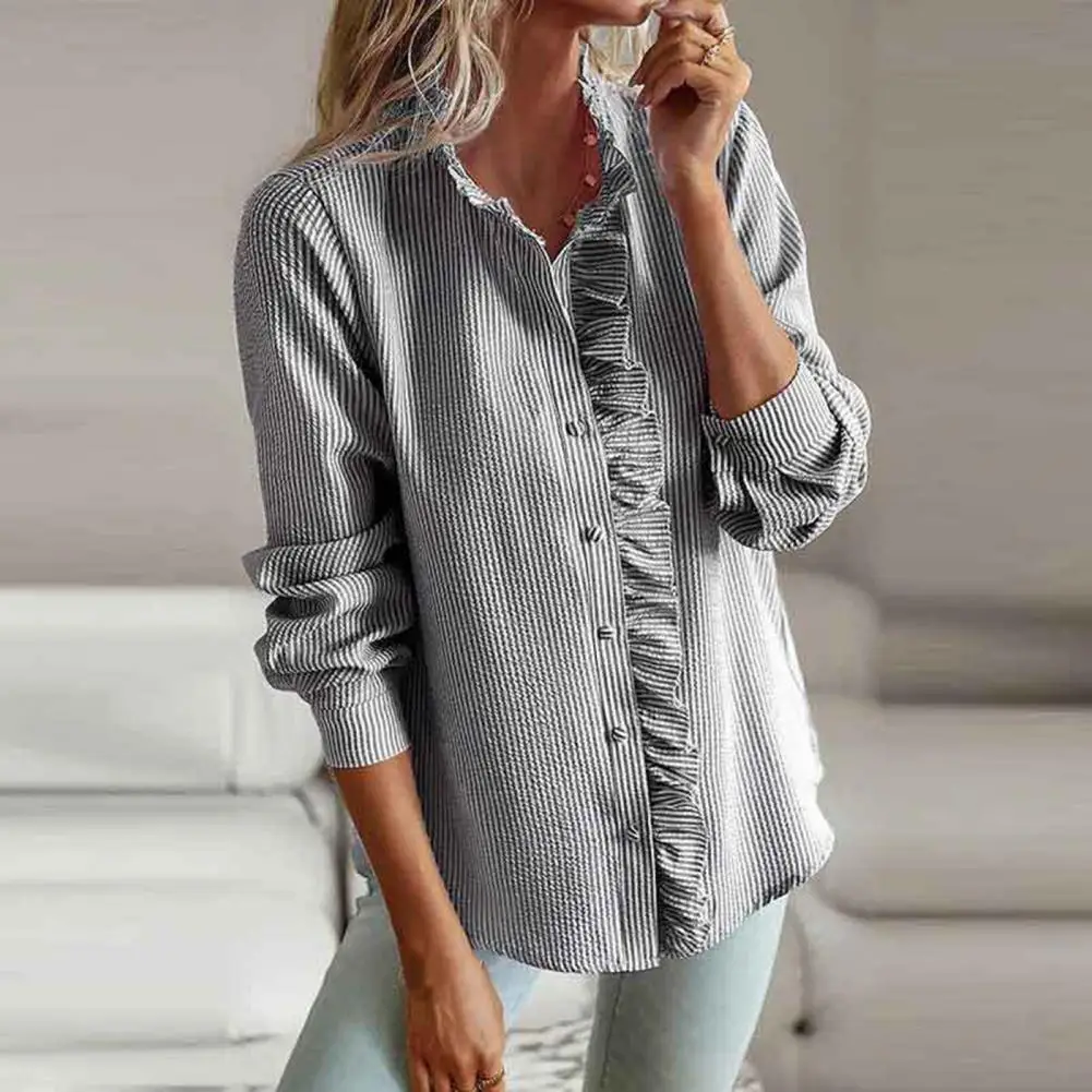 

Ol Commute Top Chic Lapel Collar Ruffle Patchwork Blouse Elegant Mid-length Women's Shirt with Soft Breathable Fabric for Fall