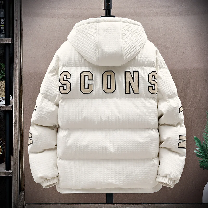 Fashion Youth Men Winter Letter Embroidery Large Pocket Hooded Cotton-Padded Jacket Unisex Parkas Thick Warm Fashion Windbreaker