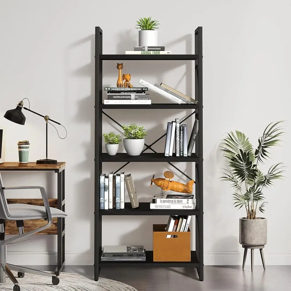 5 Tier Bookshelf Modern Bookcase Open Storage Rack Organizer Artsy Design Durable Metal Frame Anti-Tip Easy Assembly Multi-Zone 6