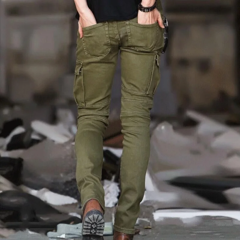 Men's Jeans Green Denim Biker Jeans Skinny New Runway Distressed Slim  Elastic Homme Hip Hop Military Motorcycle Cargo Pants