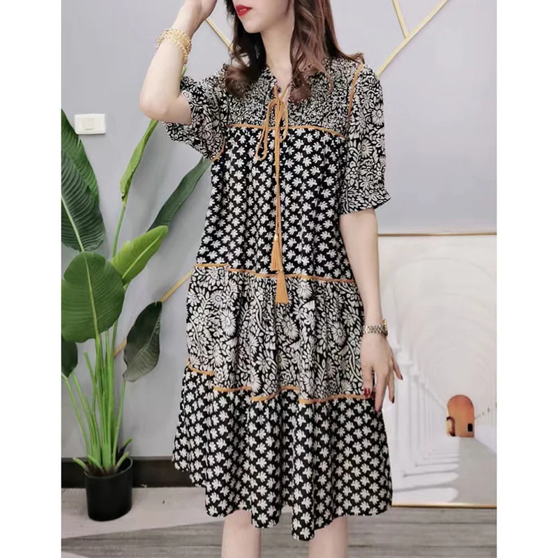 

Stylish V-Neck Spliced Loose Printed Lace Up Bow Midi Dress Women Clothing 2023 Summer New Oversized Short Sleeve Casual Dresses