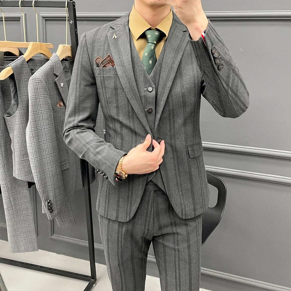 

Men's Wedding Suit Tuxedo Groom Suits for Men Wedding Three-piece Autumn New Korean Men's Striped Business Casual Suit Suit
