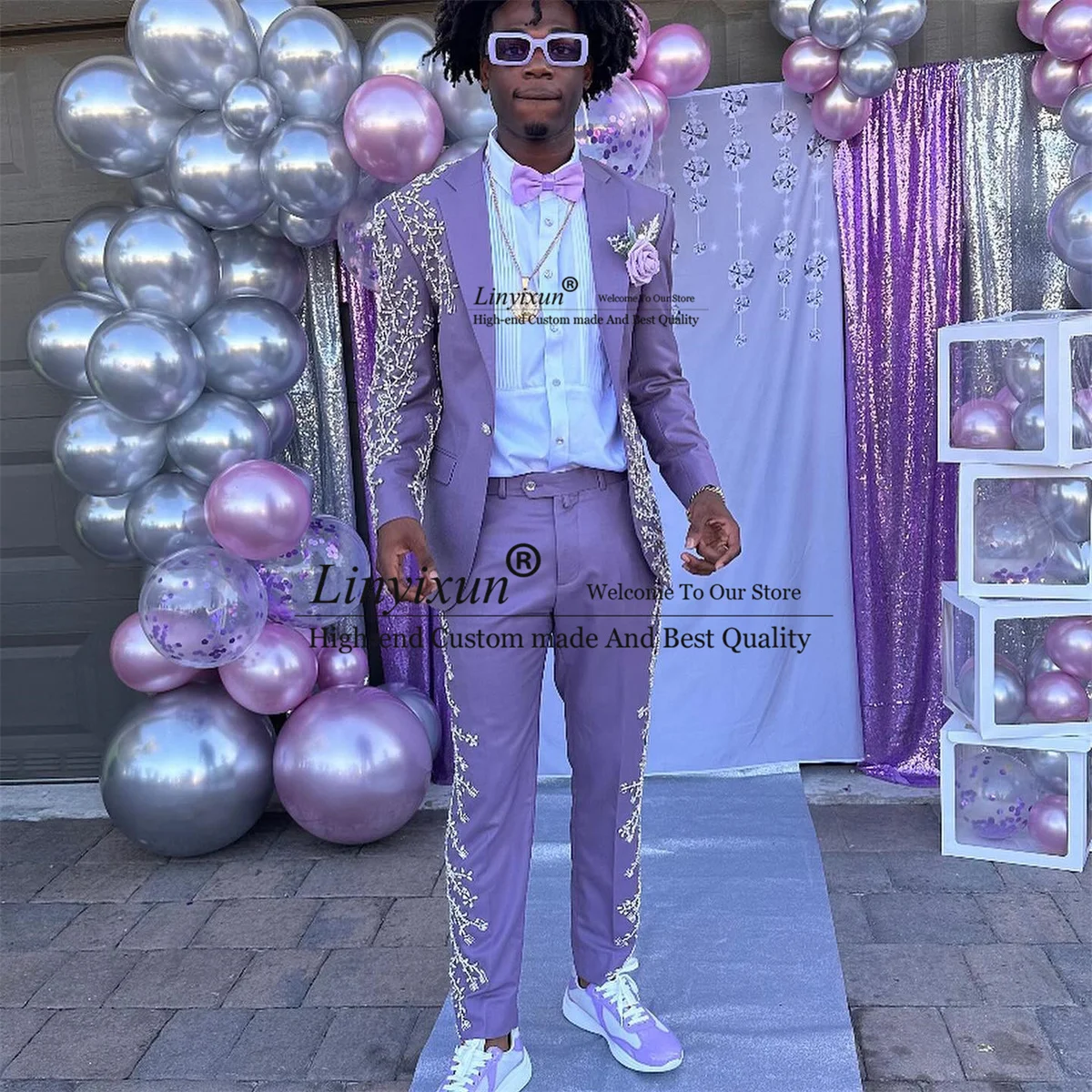

Модные мужские костюмы с фиолетовыми драгоценными камнями, роскошные бисерные кристаллы, смокинги для жениха, комплект из 2 предметов, мужской блейзер для выпускного вечера, свадебные костюмы для мужчин