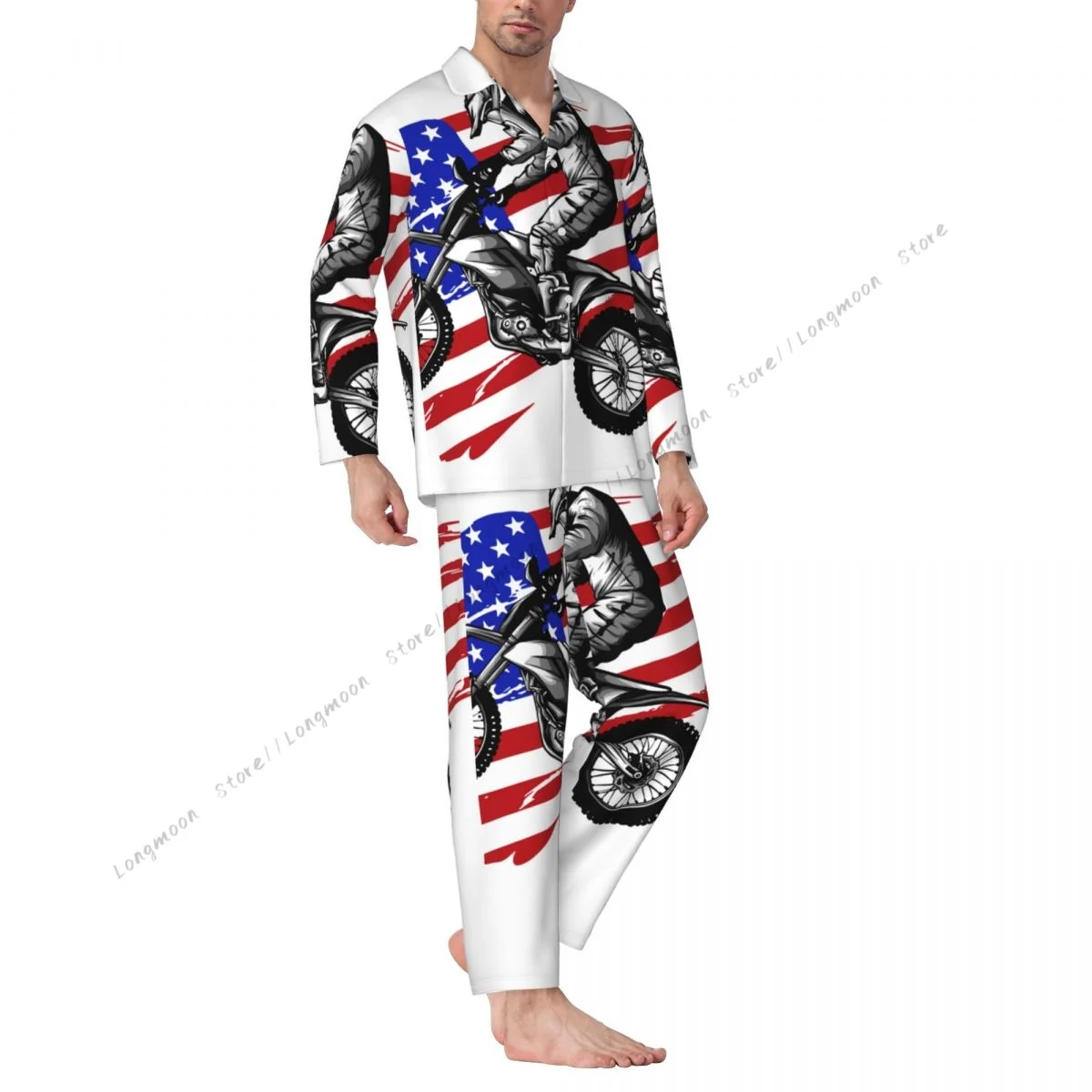 Men Pajama Sets American Motocross Motorcycle Print Sleepwear For Man Shirt Long Sleeve Male Soft Home Loungewear