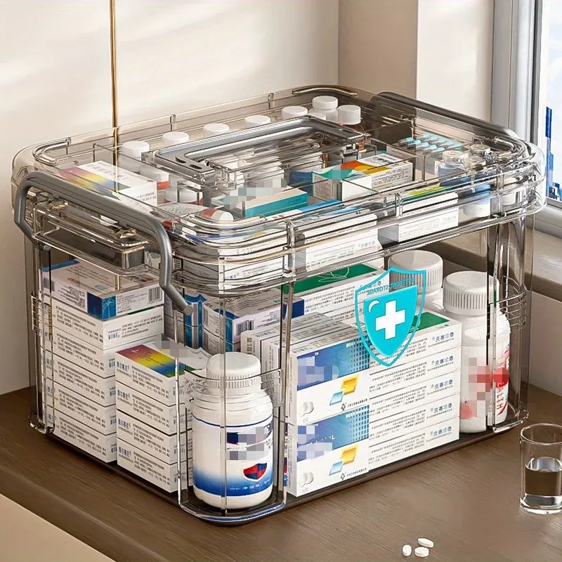 Home Multifunctional Transparent Medicine Organizer with Tray Water-Resistant Plastic Storage Box for Pills First Aid Kit