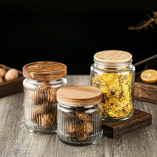 250ml Small Glass Container Wood Airtight Seal Engraved Lid