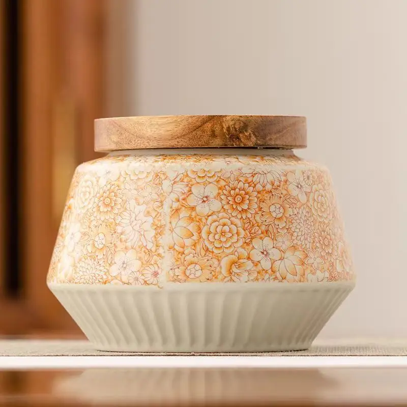 Nordic Retro Flowering Ceramic Tea Caddy Moisture Sealed Storage Box Household Countertop Decoration Jar Crafts Home Decoration 5