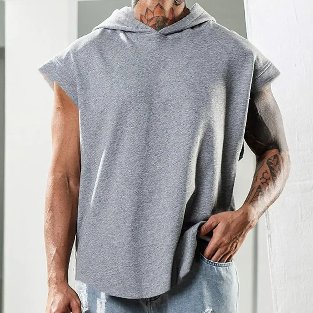 Men Hooded Tank Top Summer Hooded Tank Top Solid Color Sleeveless Loose Comfortable Men Top For Gym
