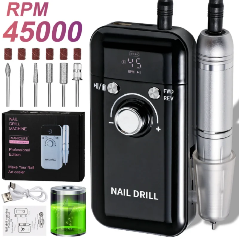 Electric Nail Drill 45000RPM Rechargeable Professional For Gel Nails Polish Portable File Manicure Tool For Electric Nail Drill Electric Nail Grinder