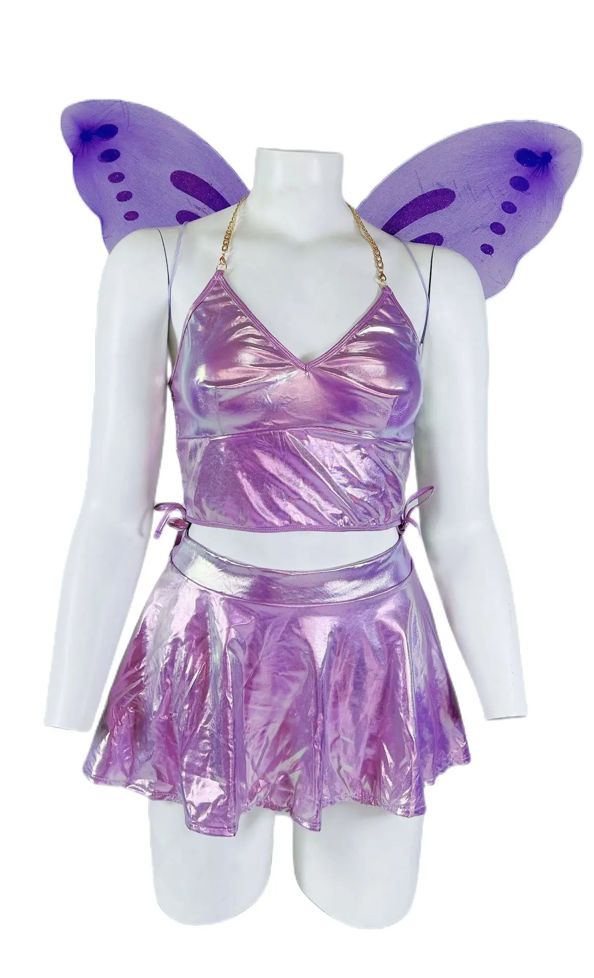 Halloween Fairy Cosplay Party Festival Outfits Nightclub Rave Outfit for  Women Metallic Top Skirt Butterfly Wings Gogo Dancer