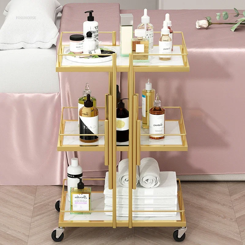 Nordic Professional Golden Iron Salon Trolleys Beauty Salon Tool Trolley European Auxiliary Cart with Wheels for Furniture