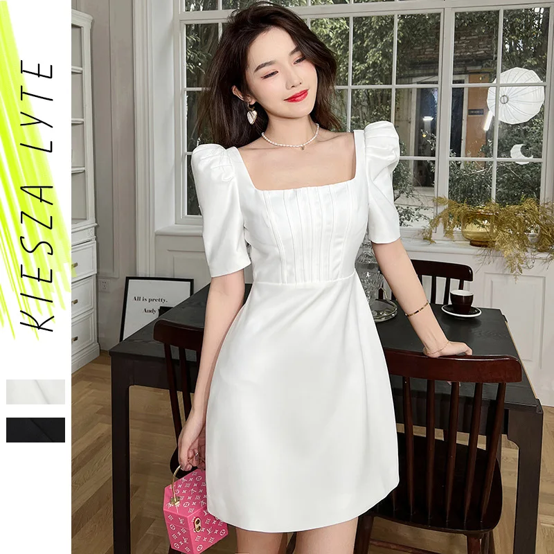 

Women 2023 Summer Dress Fashion Solid Color Black White Square Neck Casual Short Sleeve Mini Dress vestidos de verano