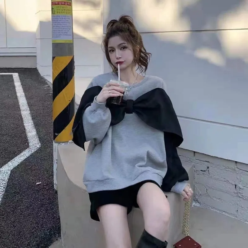 New Velvet Bowknot Sweater Autumn and Winter Women's Round Neck Pullover Loose Solid Color Fashion Blouse Korean Version Y2k
