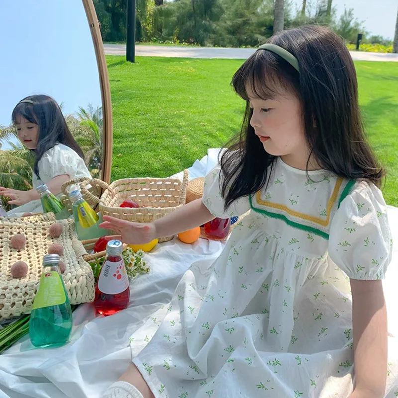 

5236B Girl Dress 2023 Summer New Korean Simple Fashion Children's Princess Dress Short Sleeve Casual Dress