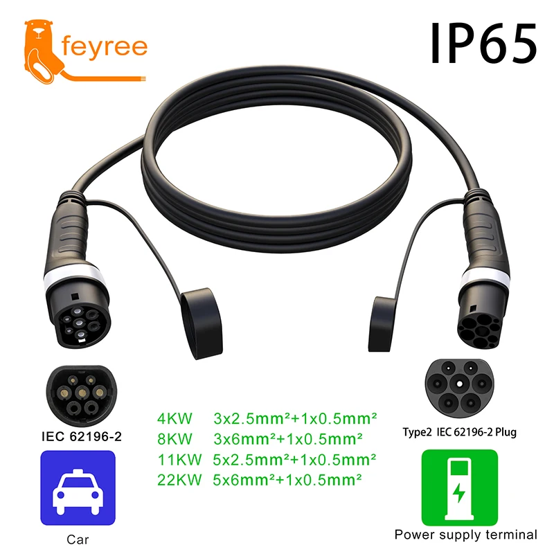 

feyree EV Car Type2 Female to Male Charger Cable IEC62196-2 Cord 16A 4KW 32A 7KW 1Phase 11KW 22KW 3Phase for Charger Station