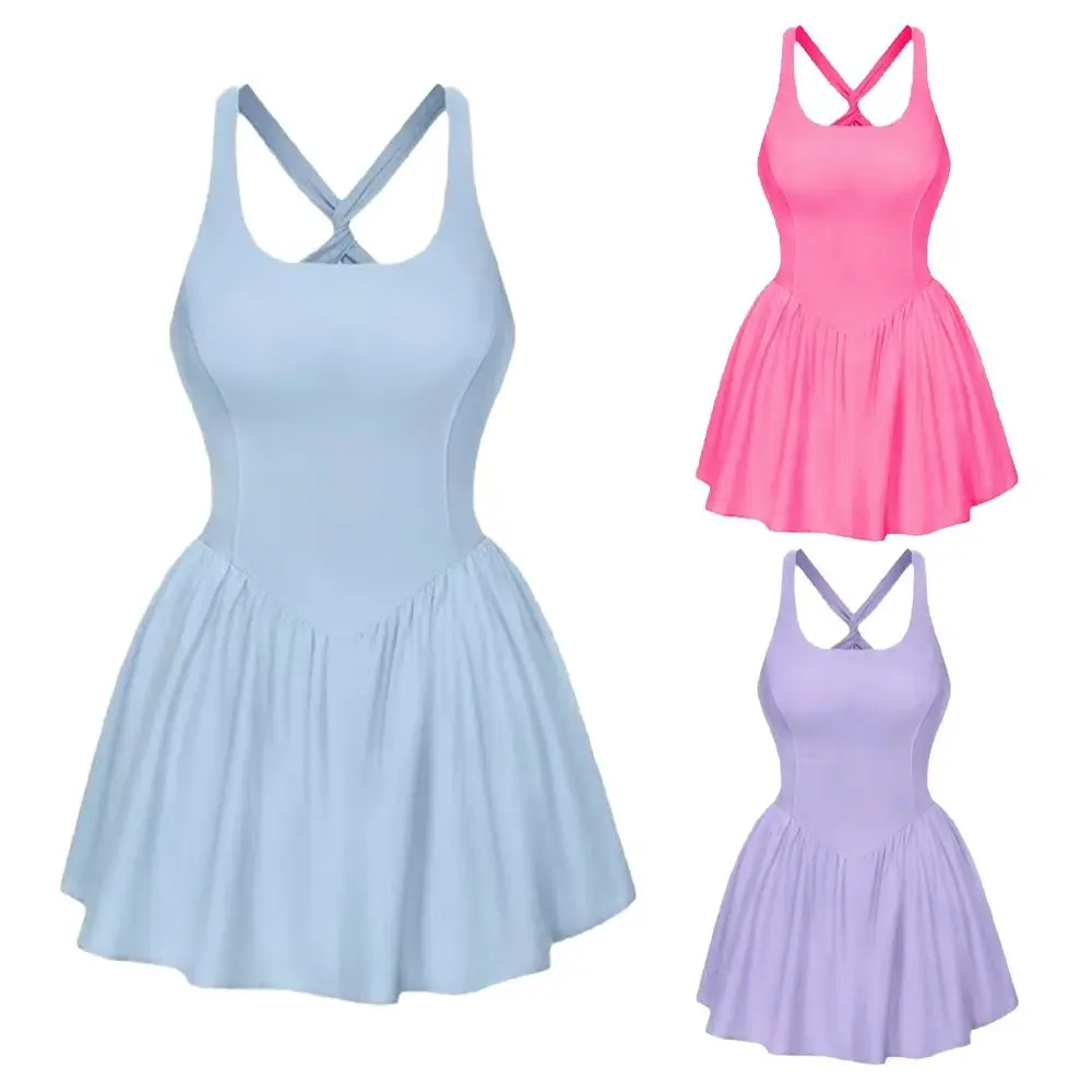 Cross Strap Girls Sling A-line Skirt High Waist Pleated Teenagers Dress Slim Fit Sporty Style Sleeveless Short Dress Sports