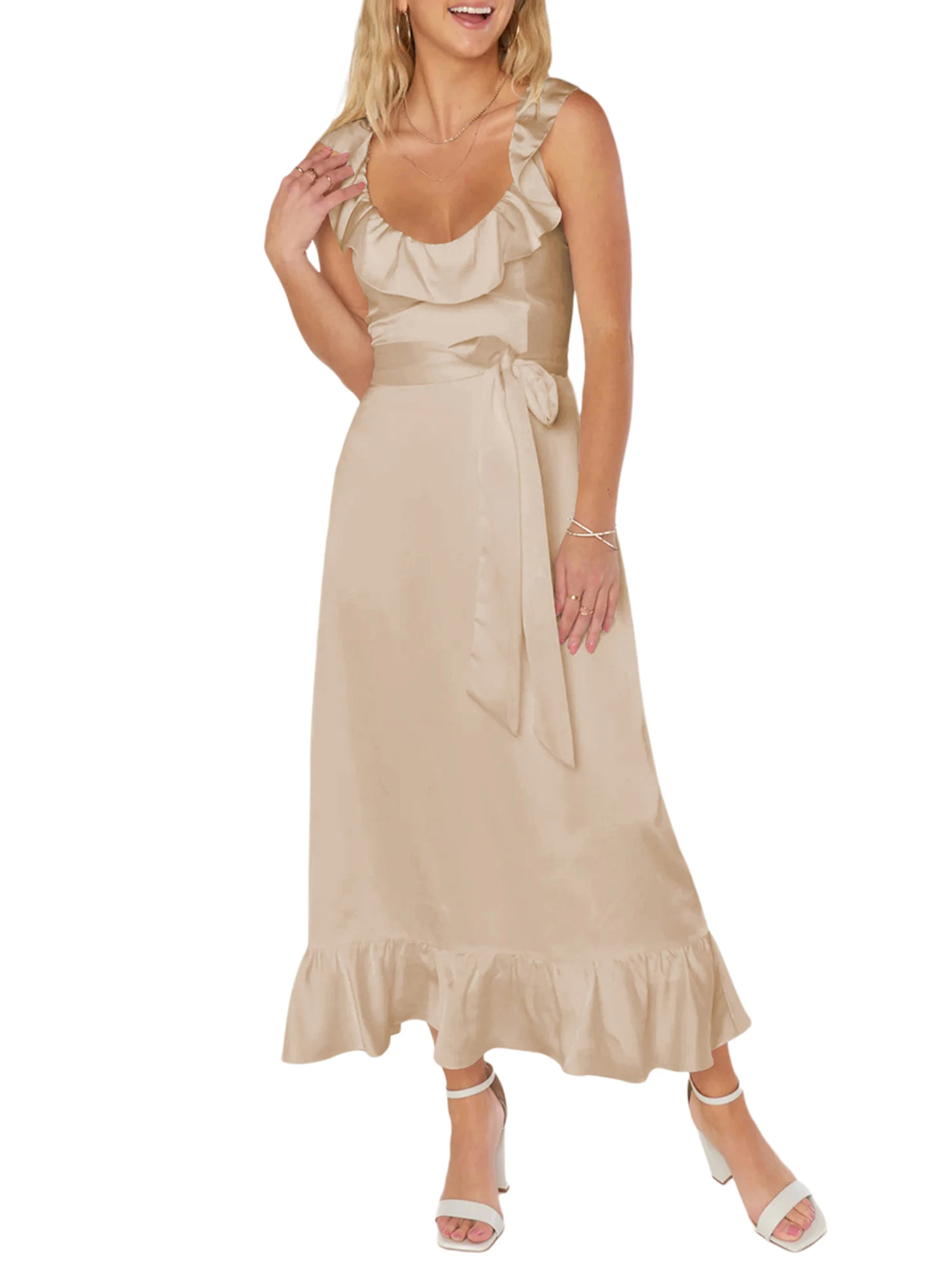 

Elegant Satin Spaghetti Strap Midi Dress with Thigh-High Slit and Fishtail Hem for Prom and Summer Parties