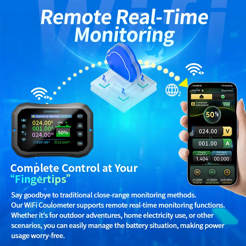 KM-F Coulomb meter with WIFI, high-precision bidirectional current detection, displays battery voltage & power for RV & EV. 6