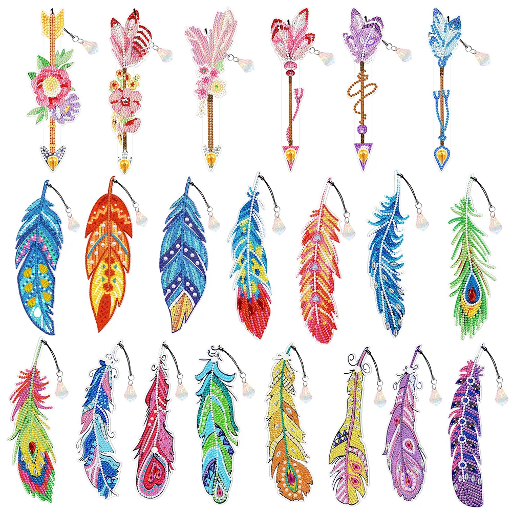 6pcs 5D DIY Feather Shape Bookmarks Diamonds Painting Student Gifts Special Shaped Drill Home Office School Class Project