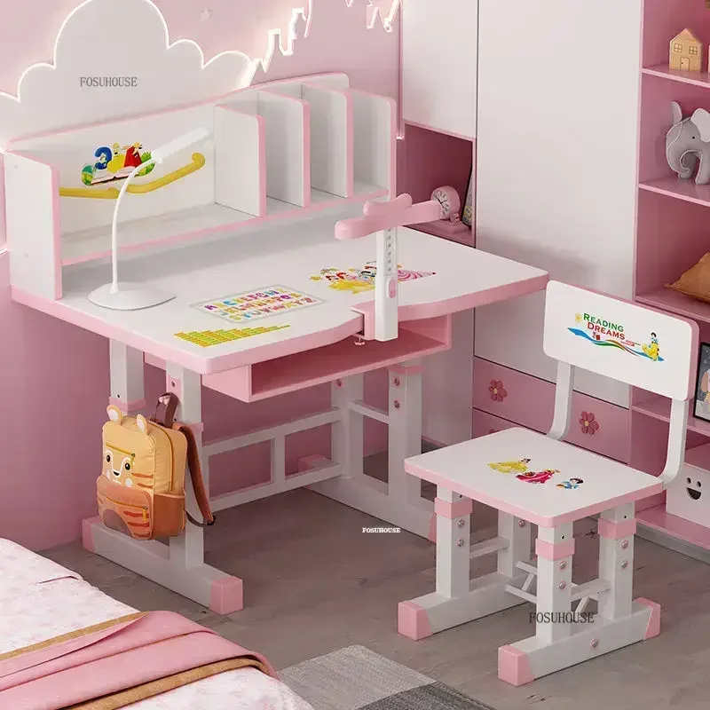 Liftable Children Tables with Bookshelf Children's Desk Set Home Children's Homework Desk and Chair Simple Learning Writing