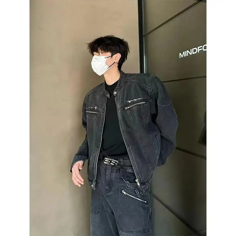 Cleanfit Short Padded Shoulder Denim Jacket Men's Spring Autumn American Retro Cool Street Style Jacket Cotton Blend Wear Res...