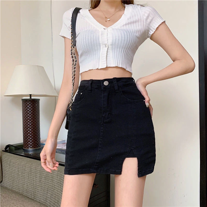 

Anti-glare denim bustier ins style new elastic high waist a word short skirt pants open fork package hip black skirt female