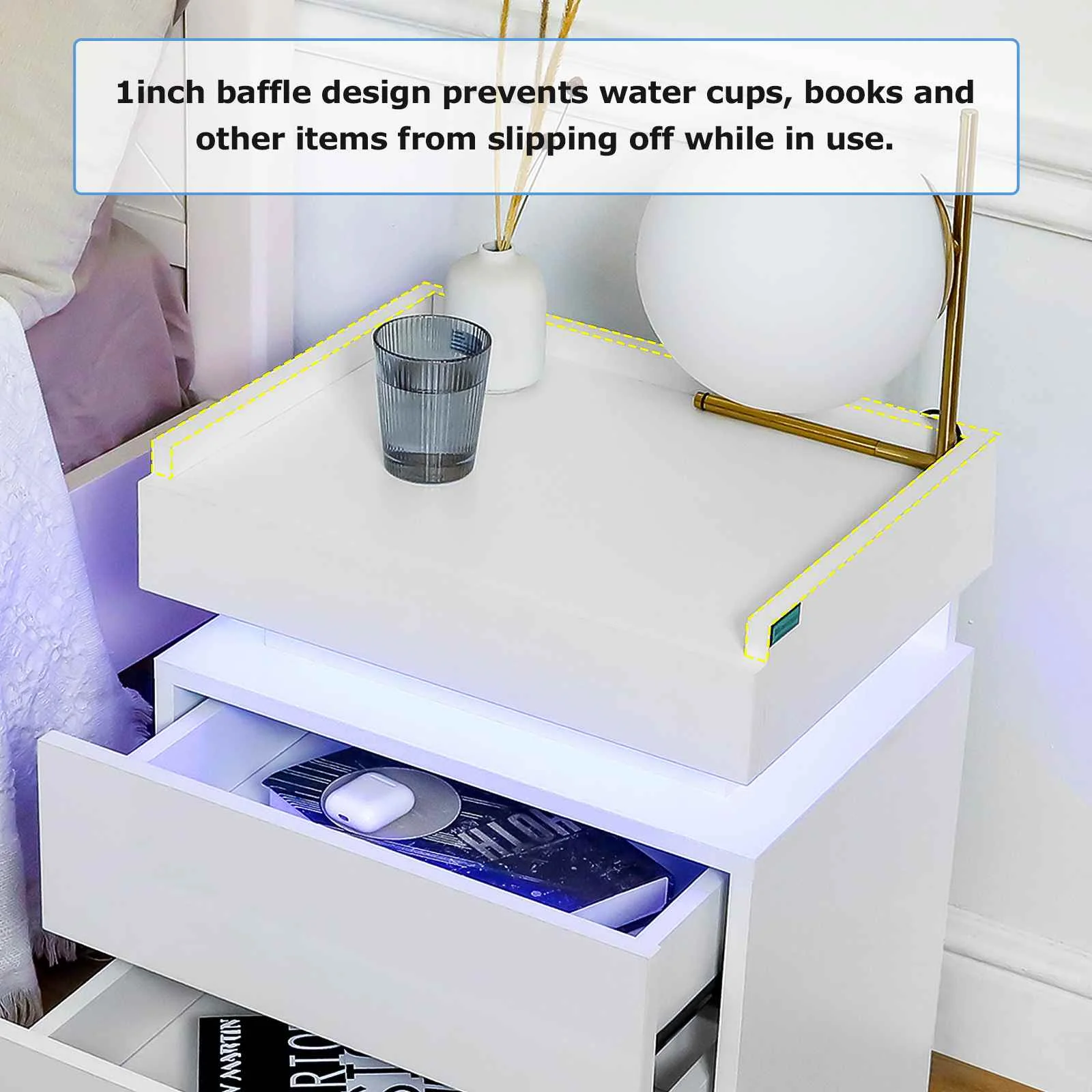 White LED Nightstand LED Bedside Table with High Gloss Drawers Modern Matte Led Night Stand with Border Table for Bedroom US 5