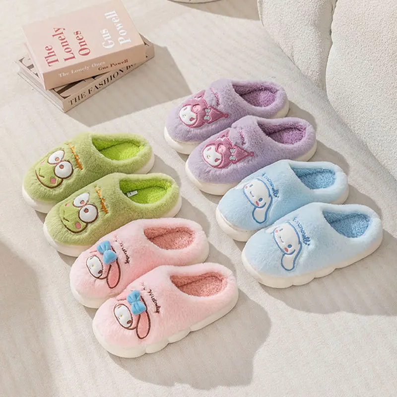 Kawaii Sanrios Plush Slippers Anime Keroppi Kuromi Cinnamoroll My Melody Autumn Winter Soft Sole Slippers Cute Home Shoes Gifts