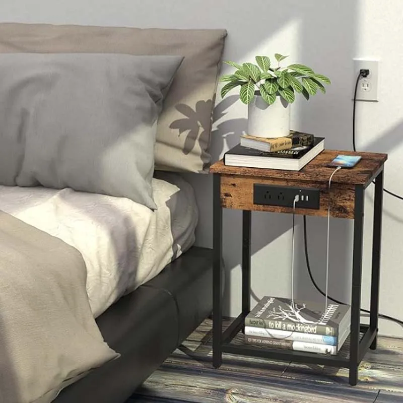 Nightstand with Charging Station Bedroom End Side Table with USB Ports  outlets Modern Record Player Stand 2-Tier Bedside Table 2
