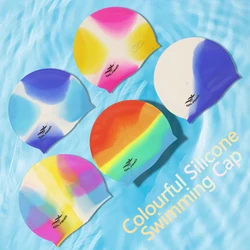 Colorful Swimming Cap Silicone Waterproof Elastic Protect Ears Long Hair Swimming Pool Rainbow Hat for Women Men Kid