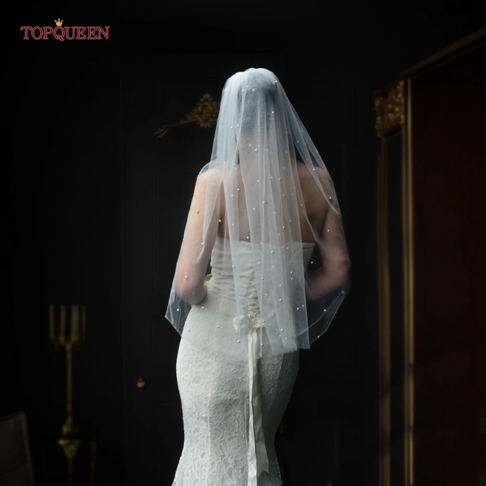 Short Bridal Veils Pearls Beaded Wedding Veil For Bachelorette Party Pencil Edge Elbow Length Veil 1 Tier Novio V06