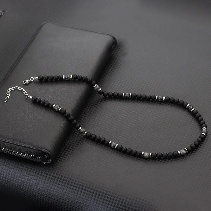 Men Natural Stone Necklace Stainless Steel Buckle Onyx Tiger Eyes Lava Beads