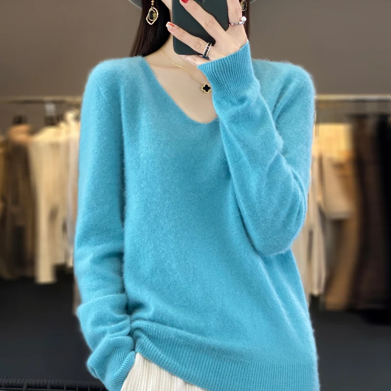 

100% pure wool 2024 autumn and winter new cashmere sweater women's V-neck pullover fashion solid color long sleeve pullover