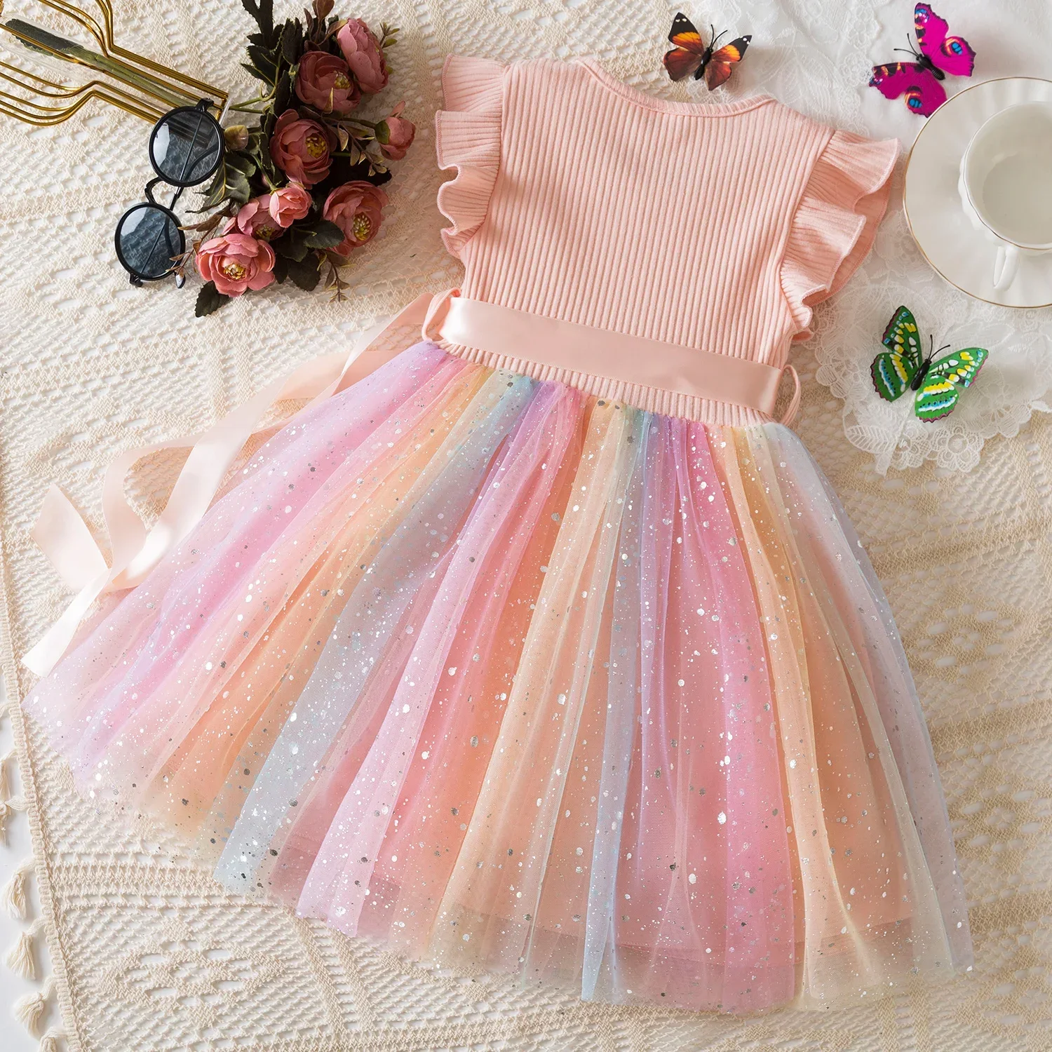 Girls Dress Sequins Rainbow Tulle Dress for 1-5Y Toddler Girls Birthday 2025 Summer Wear
