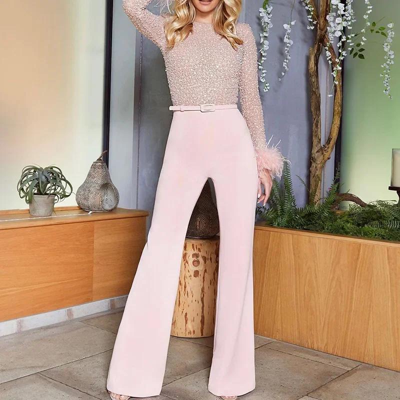 Jumpsuits for Women 2023 Fashion Streetwear Feathers Sequins Splicing Long Sleeve Jumpsuit Chic Sexy Womens Jumpsuit