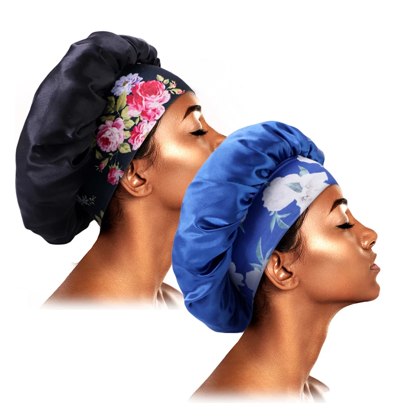 2PCS/LOT Satin Night Sleep Cap Elastic Wide Headband Hair Satin Bonnet Women Beauty Salon Floral Print Head Cover bonnet de nuit 2pcs lot women reversible satin bonnet hair caps double layer adjust sleep night cap head cover extra large round cap head wrap