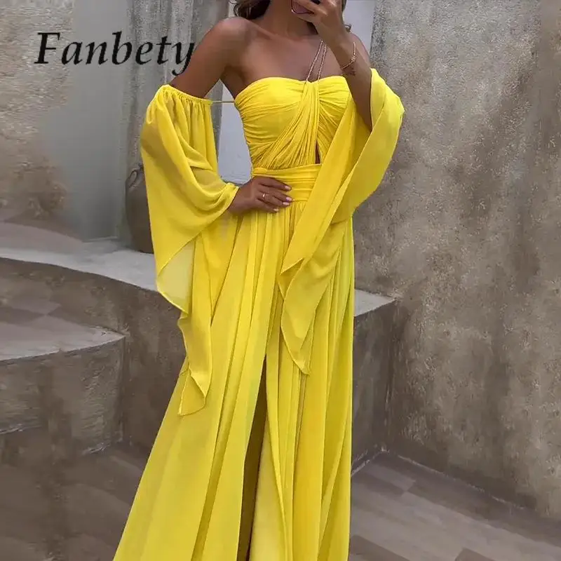 

Lady Hollow Out Folds Banquet Dress Solid Color Strapless Flare Sleeve Fairy Dress Women Sexy Slim Fit Pleated A-Line Maxi Dress