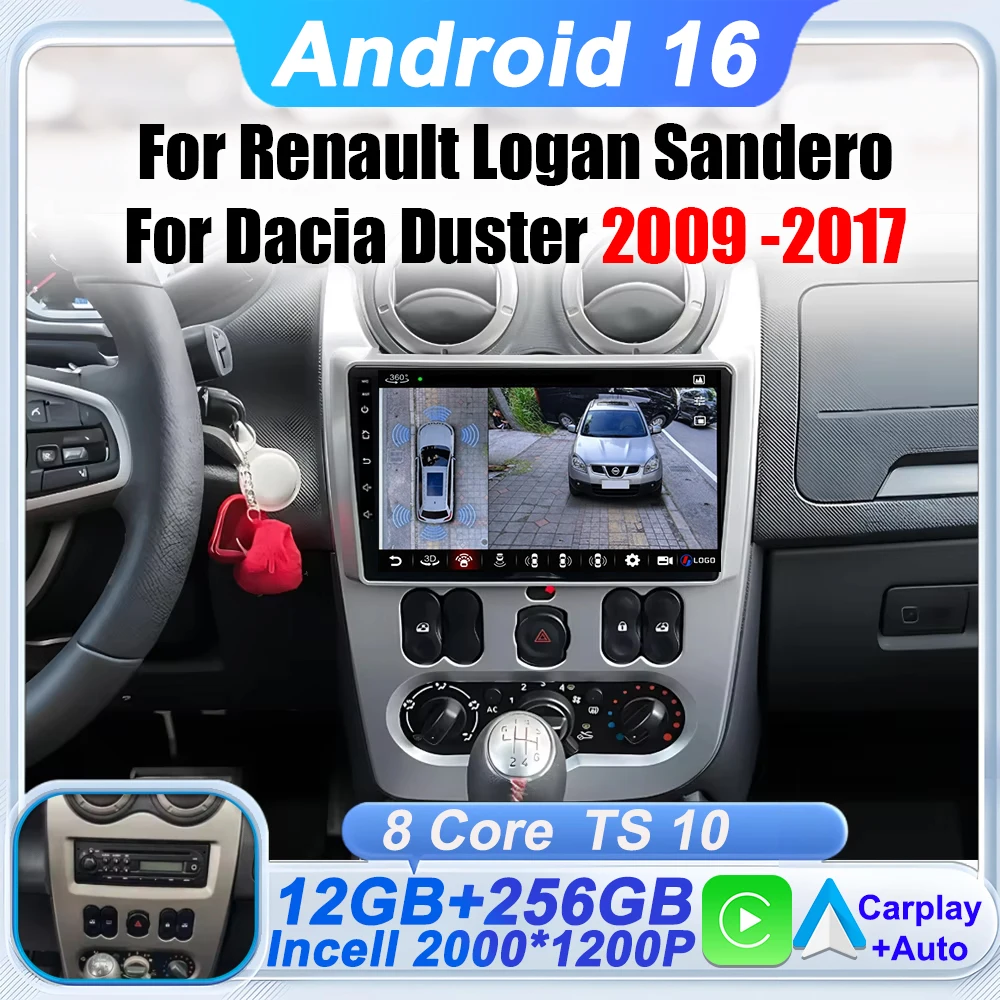 Radio de coche Android 16 para Renault Logan Sandero para Dacia Duster 2009 -2017 Carplay Autoradio FM pantalla táctil estéreo GPS 5G Wifi 1