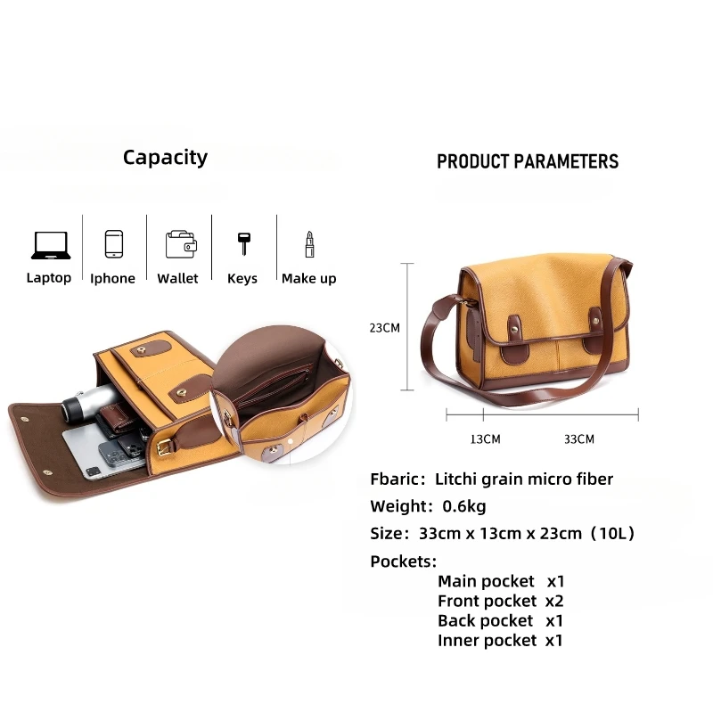 Messenger Bag for Men, Microfiber Leather,  Vintage Casual Fashion Style, 10L Shoulder Bags, Crossbody for Camping, Cycling