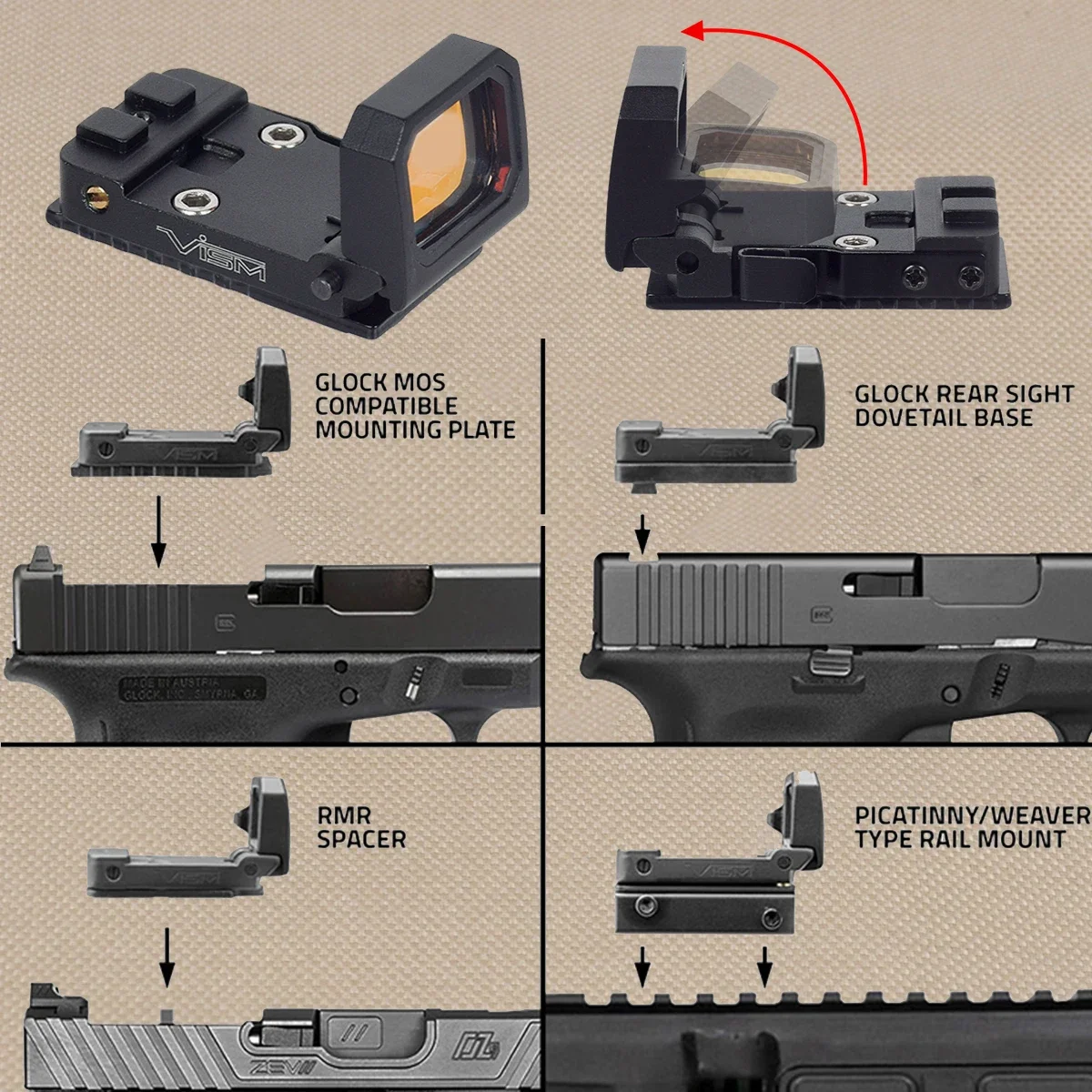 Red Dot Sight Tactical Trijicon RMR VISM Flip Up 1913 Mount for Glock 17 Airsoft Riflescope