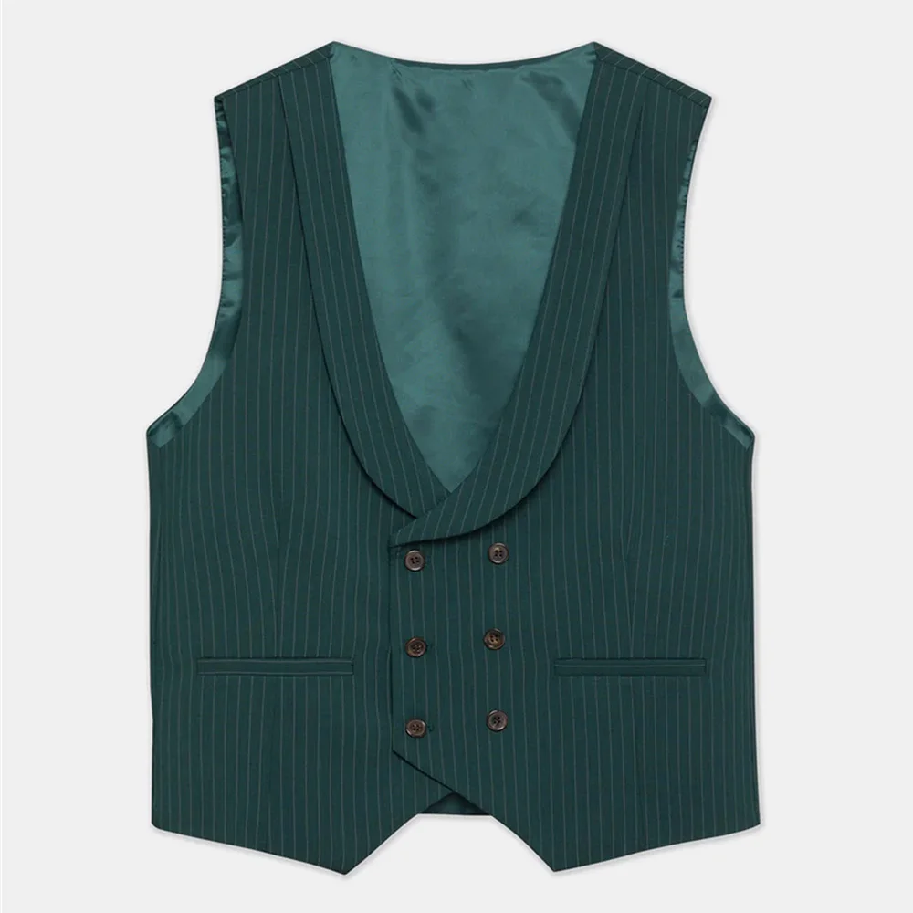Vest For Men Stripe Slim Fit Shawl Collar Double-Breasted Vests Classic Dark Green Sleeveless Waistcoat colete masculino
