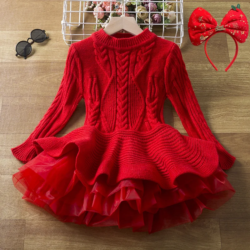 Red Christmas Dress for Girl Kid Long Sleeves Knitting Princess Dresses