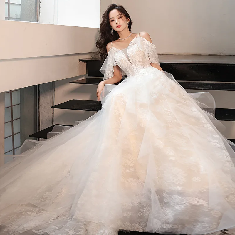 Customized Lace Tulle Bridal Dresses Spaghetti Straps Women