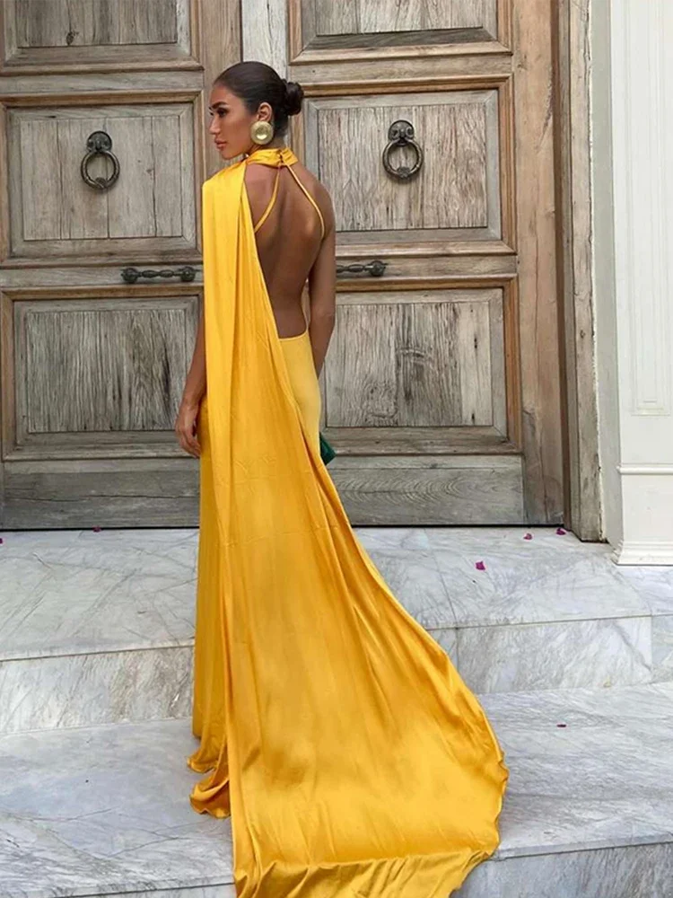 Ribbon Hanging Neck Long Dresses Slanted Shoulder Lace Up Backless Silky Satin Temperament Slim Fit Halter Woman Fishtail Dress 6