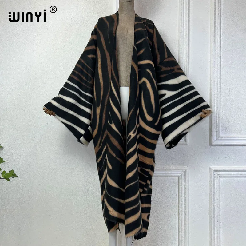 WINYI 2024 겨울 카디건 아프리카 여성, 기하학적 라인 프린트 맥시 재킷, 따뜻한 기모노 롱 다운 코트, 중동 패션 아바야