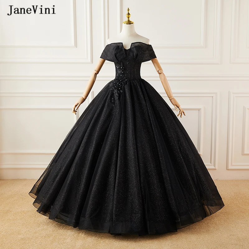 

JaneVini 2022 Elegant Ball Gown Quinceanera Dresses Off the Shoulder 3D Lace Appliques Beaded Prom Party Black Dress Plus Size