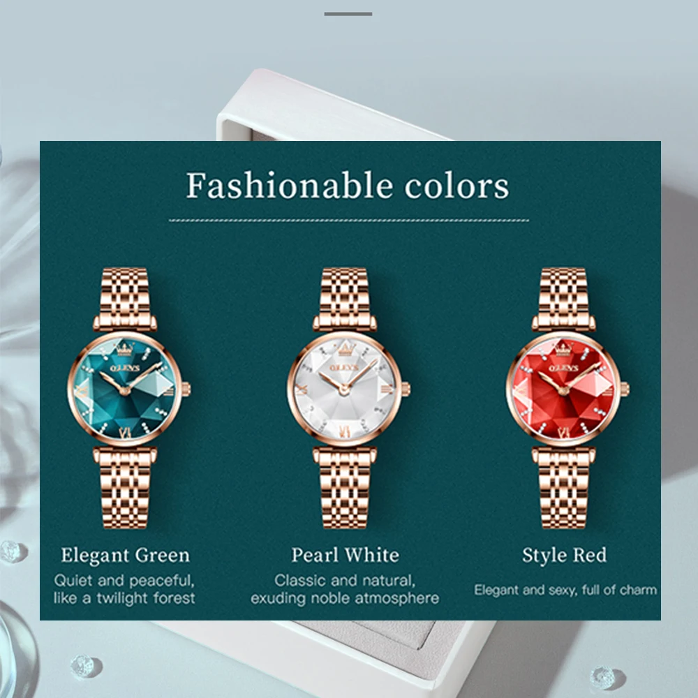 OLEVS Brand Elegant Watch for Women Fashion Luxury Stainless Steel Strap Diamond Mirror Green Dial Waterproof Quartz Wristwatch