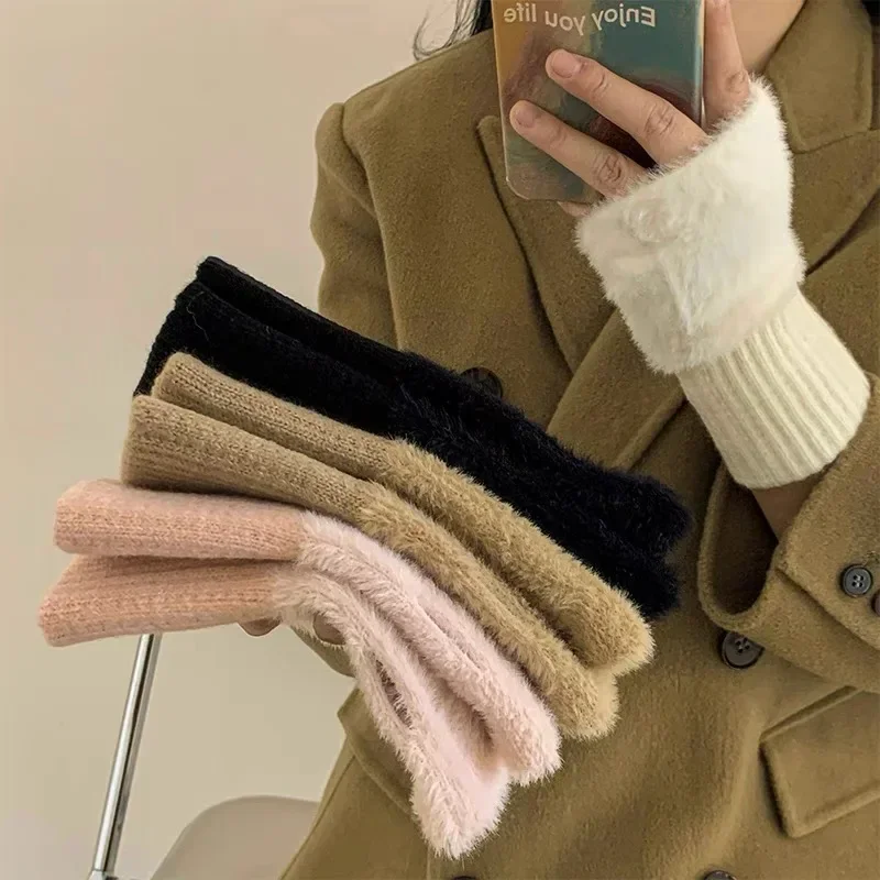 Soft Winter Half Finger Gloves Women Warm Solid White Plush Knitted Fingerless Gloves Wrist Mittens Writting